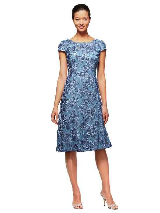 NWT Alex Evenings Tea Length A-Line Rosette Dress Brushed Peri 16 - Picture 1 of 7